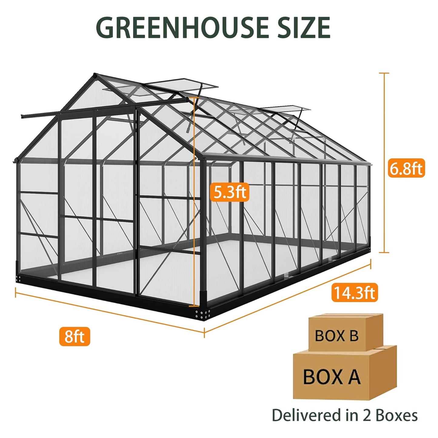 8FT x 14FT Outdoor Polycarbonate Greenhouse with Roof Vents & Sliding Doors, 4MM