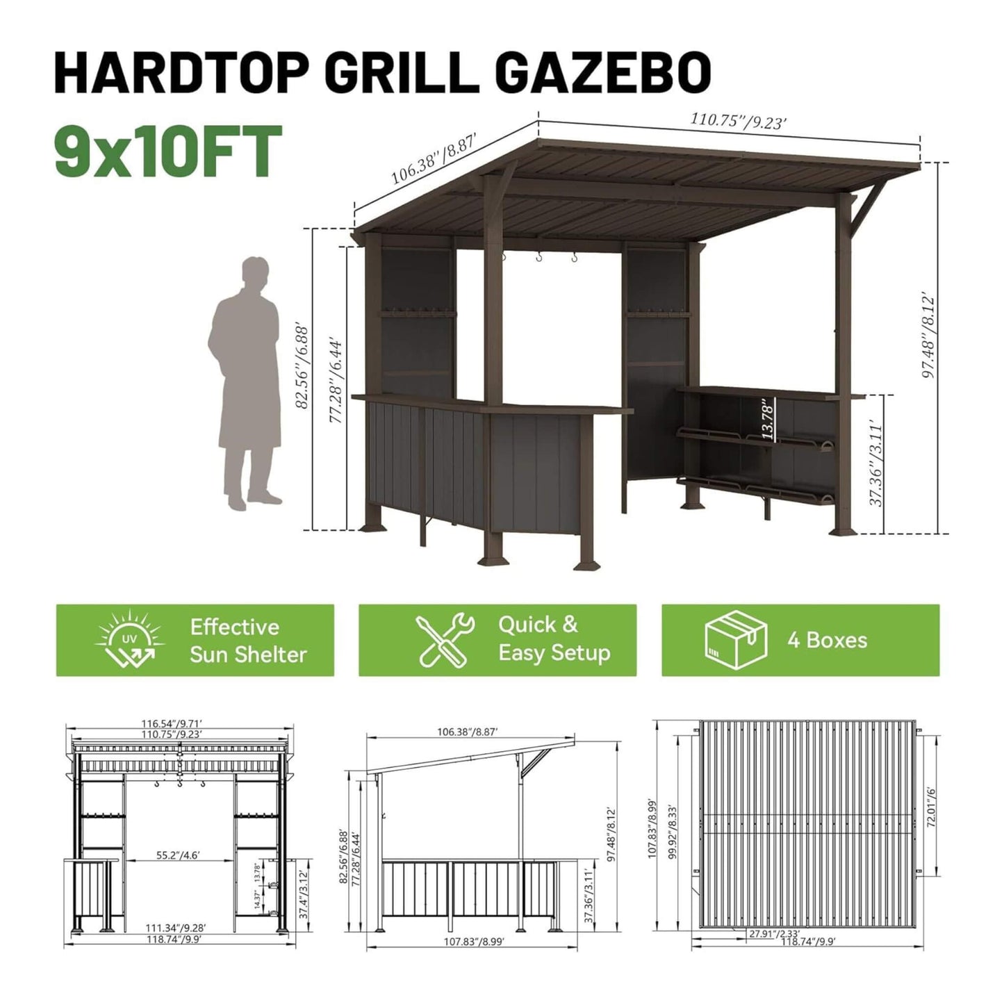 9' x 10' FT Alora Premium Outdoor Hardtop Grill Gazebo With Shelves