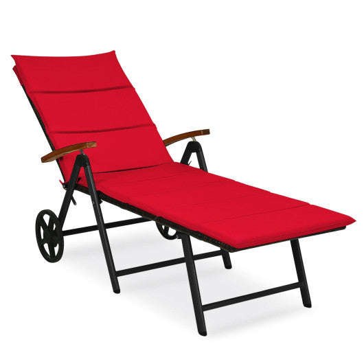 Folding Patio Rattan Lounge Chair with Wheels - Red