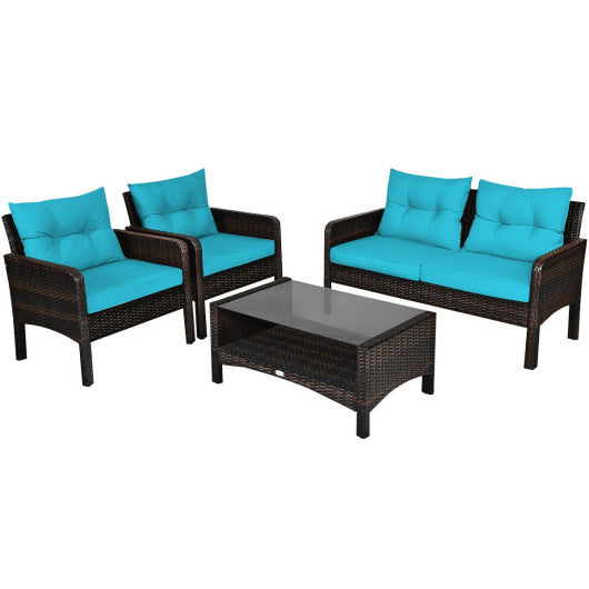 4 Pieces Outdoor Rattan Wicker Loveseat Furniture Set with Cushions - Turquoise