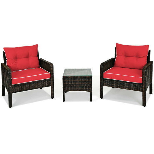 3 Pcs Outdoor Patio Rattan Conversation Set with Seat Cushions - Red