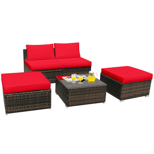 5 Pieces Patio Rattan Furniture Set with Cushioned Armless Sofa - Red