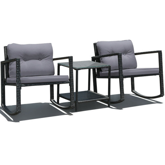 3 Pcs Cushioned Patio Rattan Set with Rocking Chair and Table - Gray