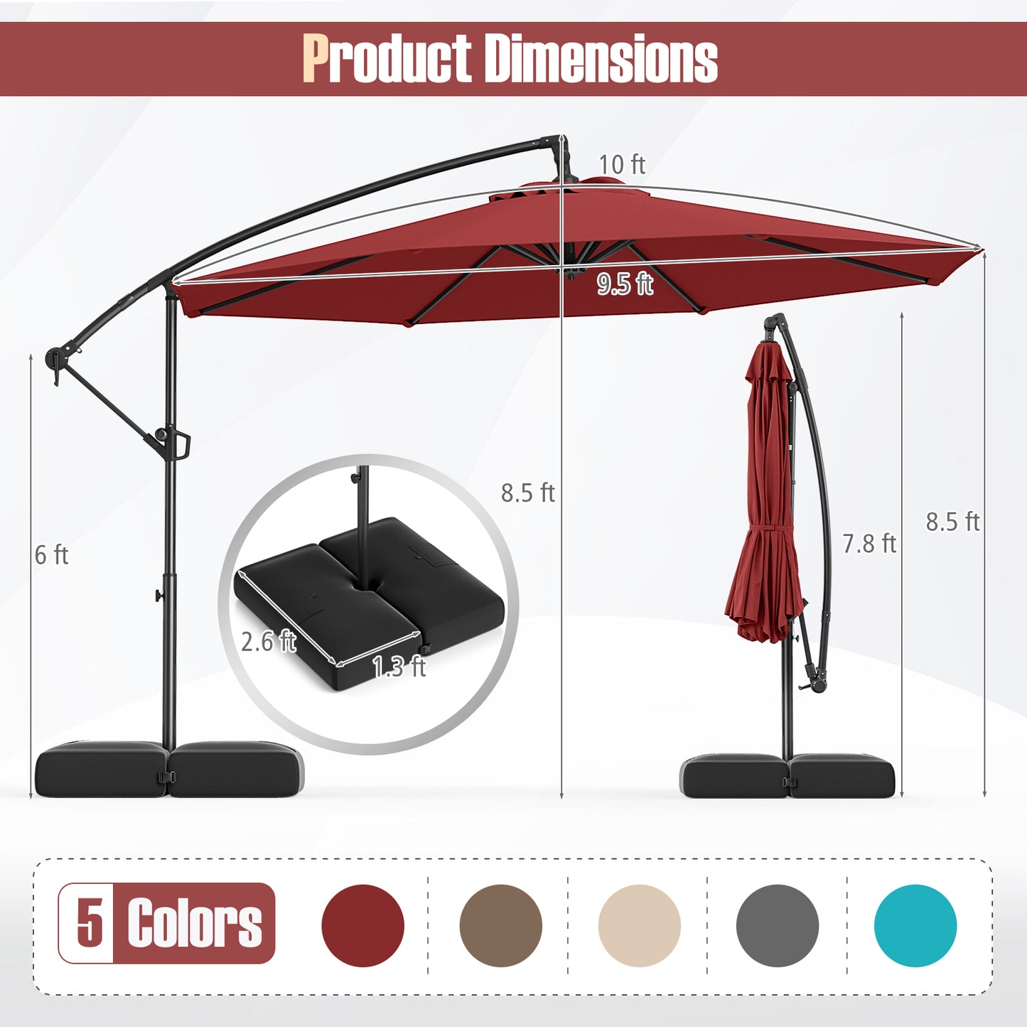 10 Feet Offset Hanging Umbrella with Base Patio Cantilever Umbrella with Tilt