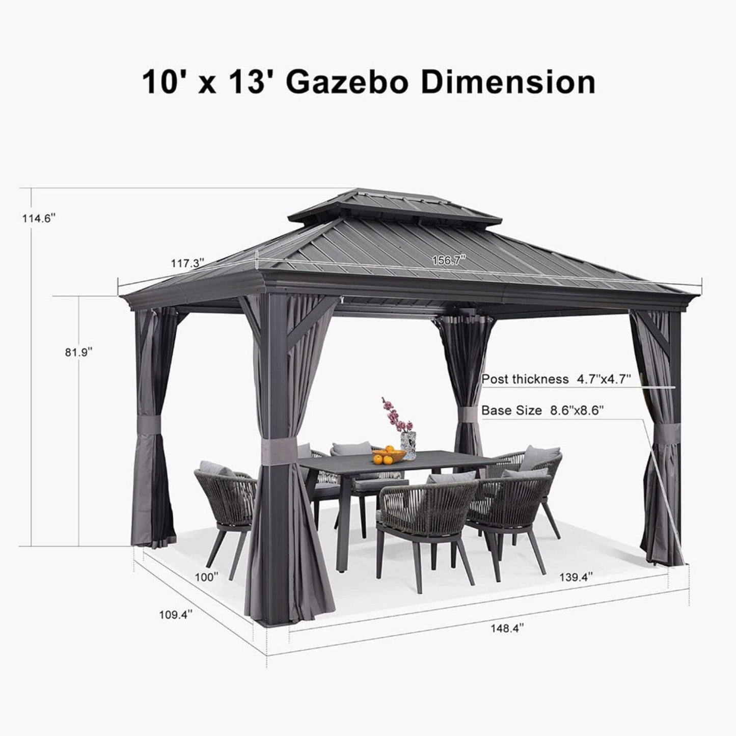 10' x 13' Alora Large Premium Outdoor Hardtop Aluminum Gazebo With Galvanized Steel Double Roof