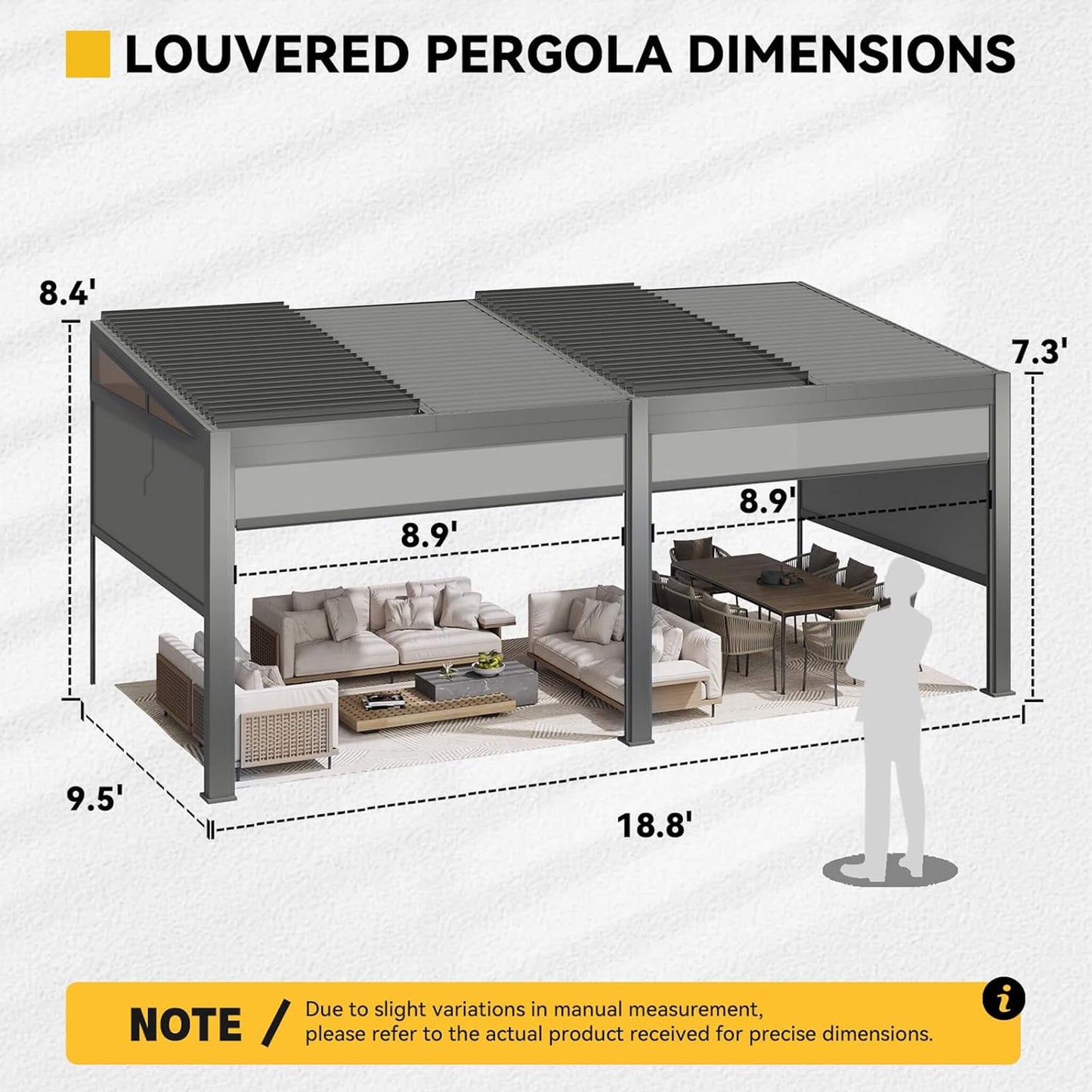 10FT x 20FT Alora Luxury Wall-Mounted Aluminum Louvered Pergola with Pull-Down Screens