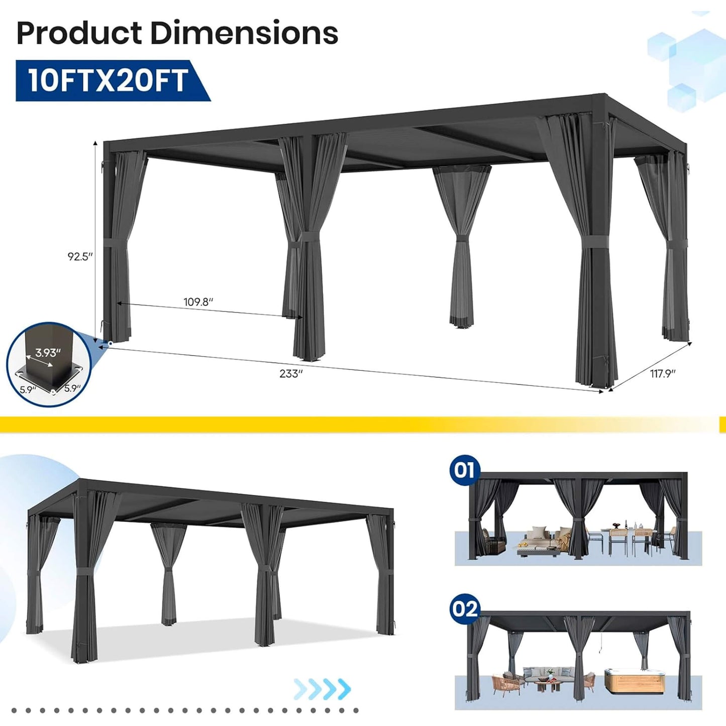 10FT x 20FT Alora Premium Louvered Pergola with Curtains and Netting