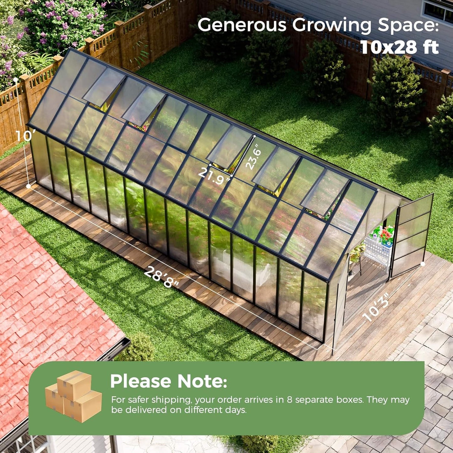 10FT x 28FT Heavy-Duty Outdoor Aluminum Polycarbonate Greenhouse with Roof Vents and Swing Doors, 4MM