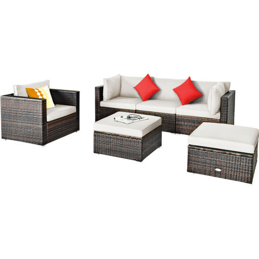 6 Pcs Patio Rattan Furniture Set with Sectional Cushion - White