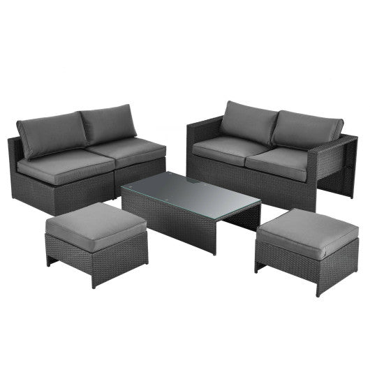 6 Pieces Patio Rattan Furniture Set with Glass Table and Cushioned Seat - Gray