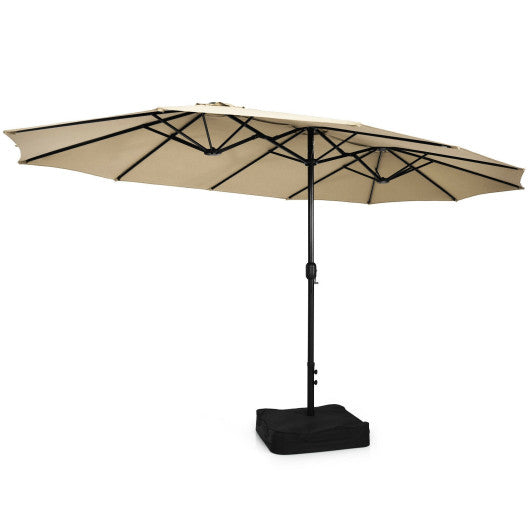 15 Feet Double-Sided Twin Patio Umbrella with Crank and Base - Beige