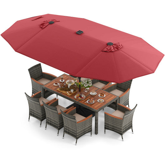 11 Pieces Patio Dining Set with 15 Feet Double-Sided Patio Umbrella Base Included - Wine