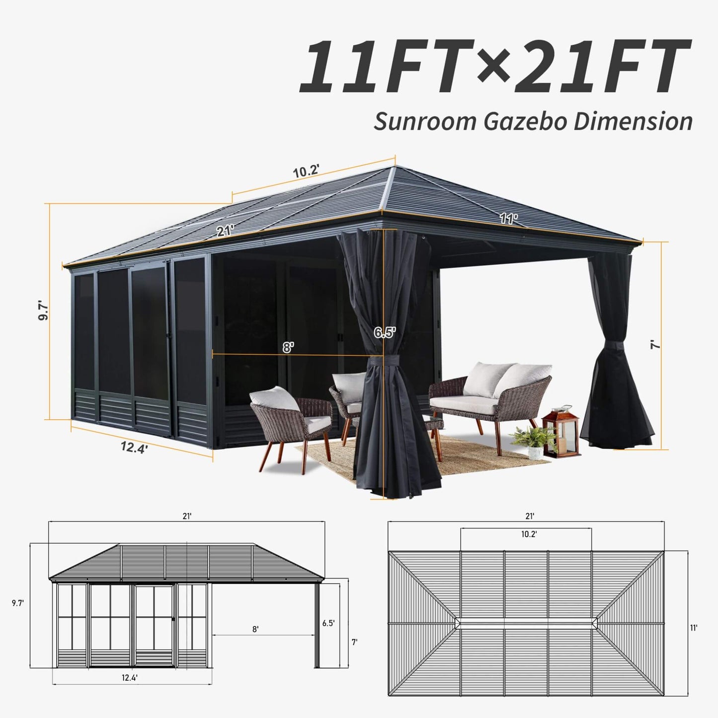 11' x 21' Alora Outdoor All-Season Solarium Sunroom Gazebo With Galvanized Steel Roof