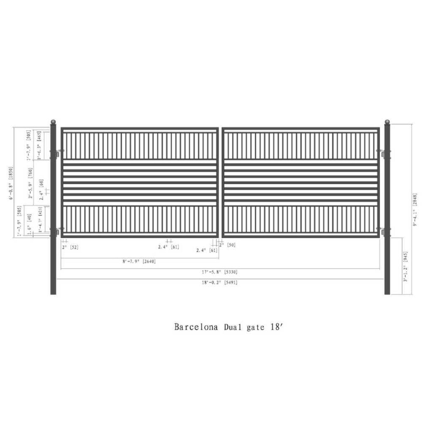 12FT - 18FT Heavy-Duty Barcelona-Style Powder-Coated Steel Galvanized Dual Swing Driveway Gate