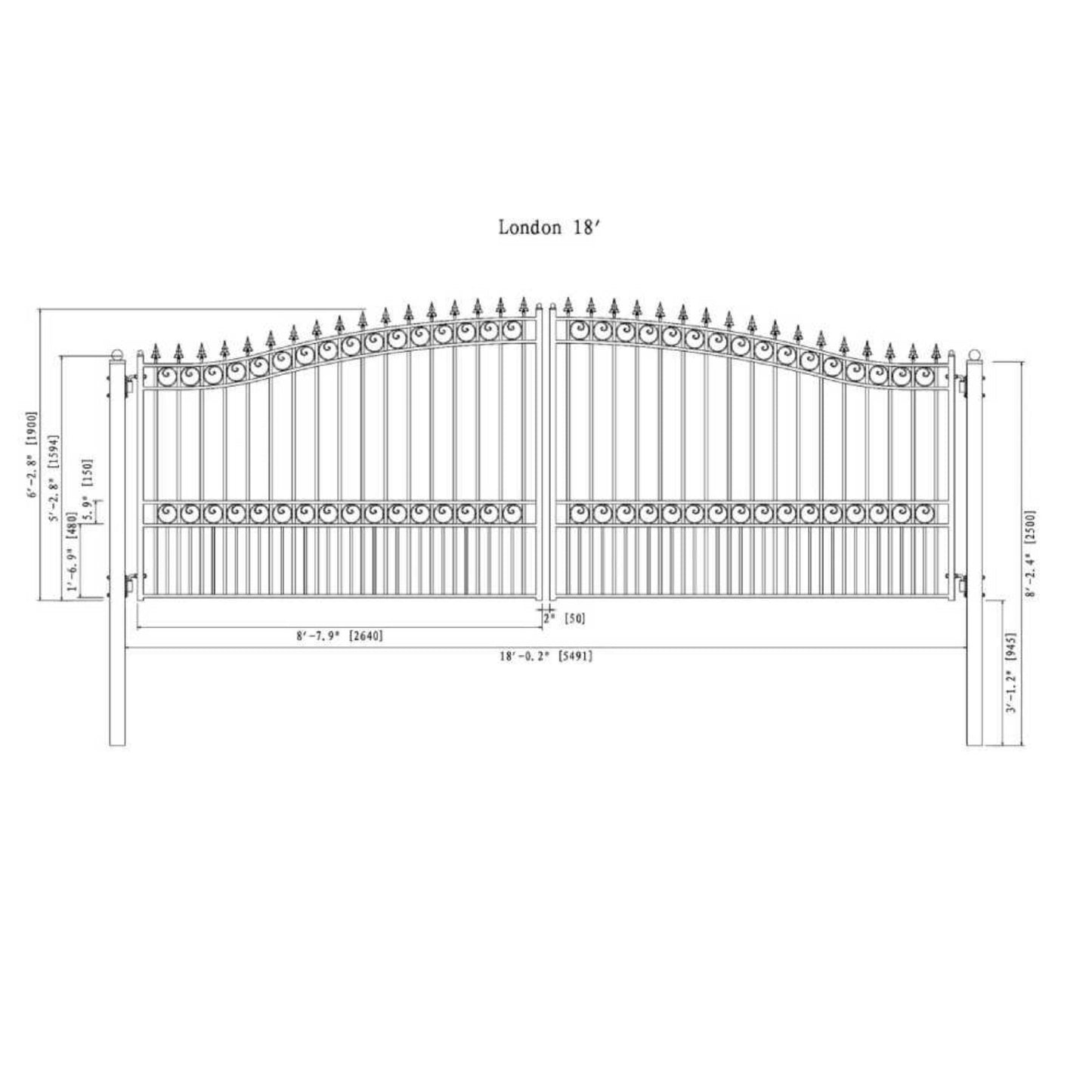 12FT - 18FT Heavy-Duty London-Style Powder-Coated Galvanized Steel Dual-Swing Driveway Gate