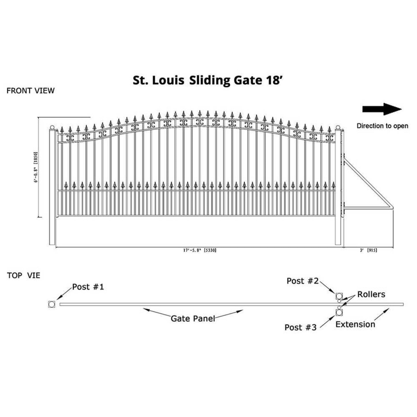 12FT - 18FT Heavy-Duty St. Louis-Style Steel Sliding Driveway Gate