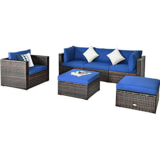 6 PCS Patio Rattan Furniture Set with Sectional Cushion - Blue