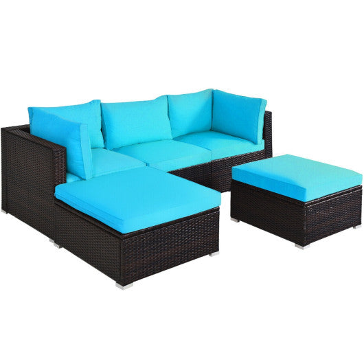 5 Pieces Patio Rattan Sectional Conversation Ottoman Furniture Set - Blue