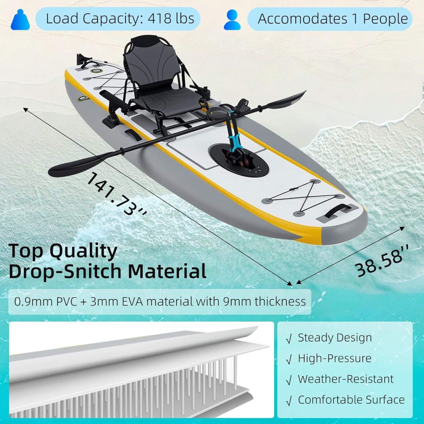 Portable 12FT Lightweight Inflatable PVC Fishing Kayak with Pedal System
