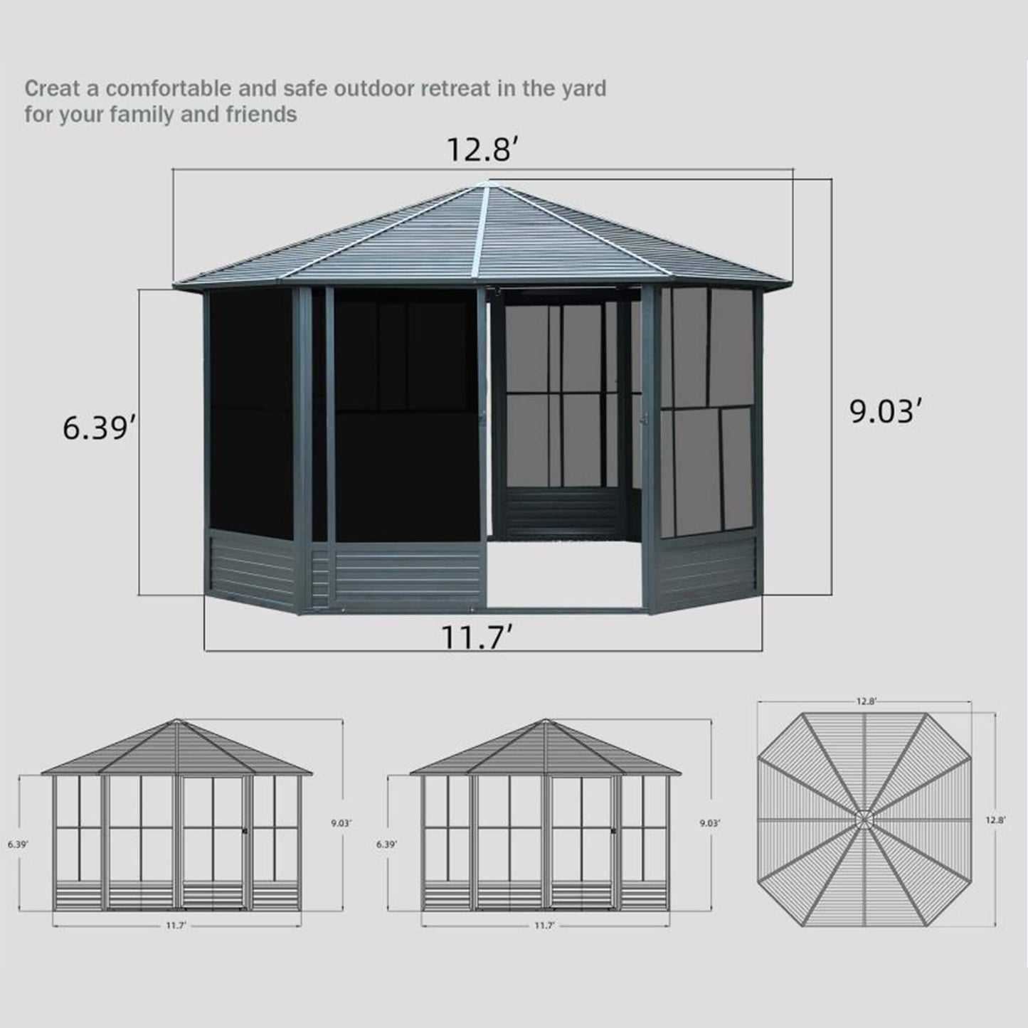 12FT x 12FT Alora Large Octagonal Sunroom Solarium with Lockable Sliding Doors and Galvanized Steel Sloping Roof