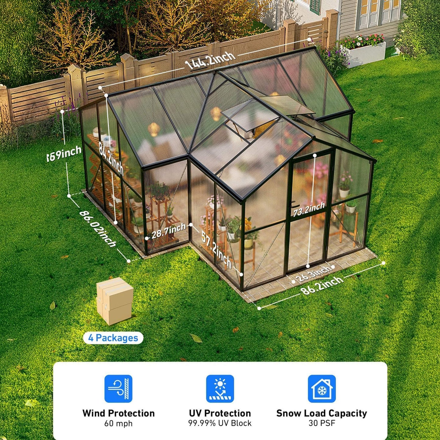 12FT x 12FT Premium T-Shape Polycarbonate Greenhouse with UV Protection and Aluminum Frame