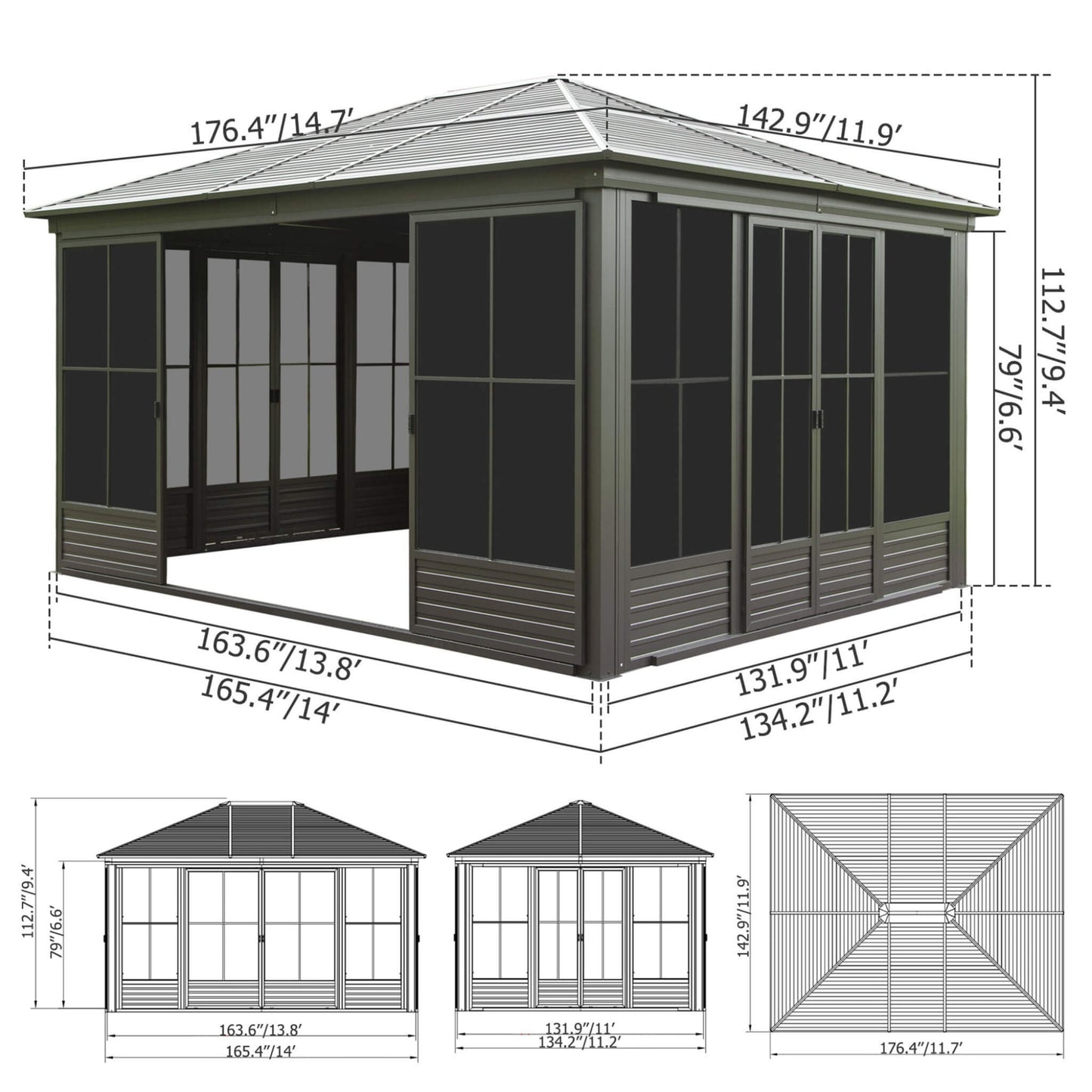 12' x 14' FT Alora Premium All-Weather Outdoor Aluminum Sunroom With Galvanized Steel Hardtop Sloping Roof, Lockable Doors, And Moveable PC Screens