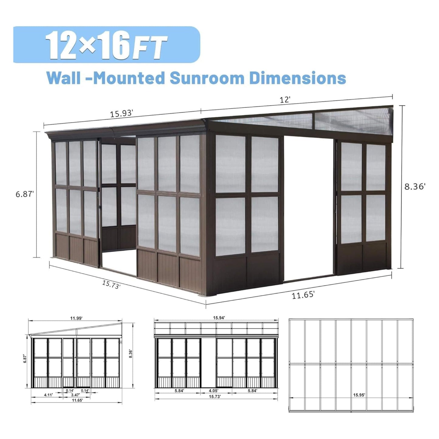 12FT x 16FT Alora Extra Large All-Season Outdoor Wall-Mounted Sunroom Solarium with Detachable Polycarbonate Windows and Lockable Sliding Doors