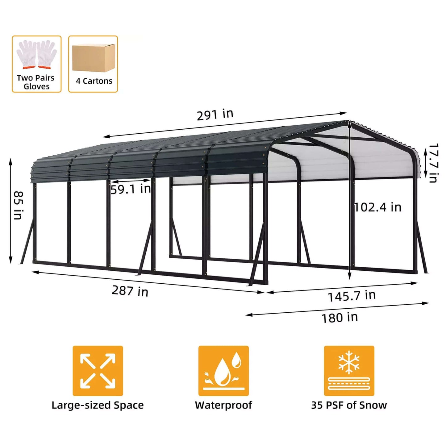 12' x 24' FT Alora Large Heavy-Duty Outdoor Metal Carport Kit With Galvanized Steel Roof