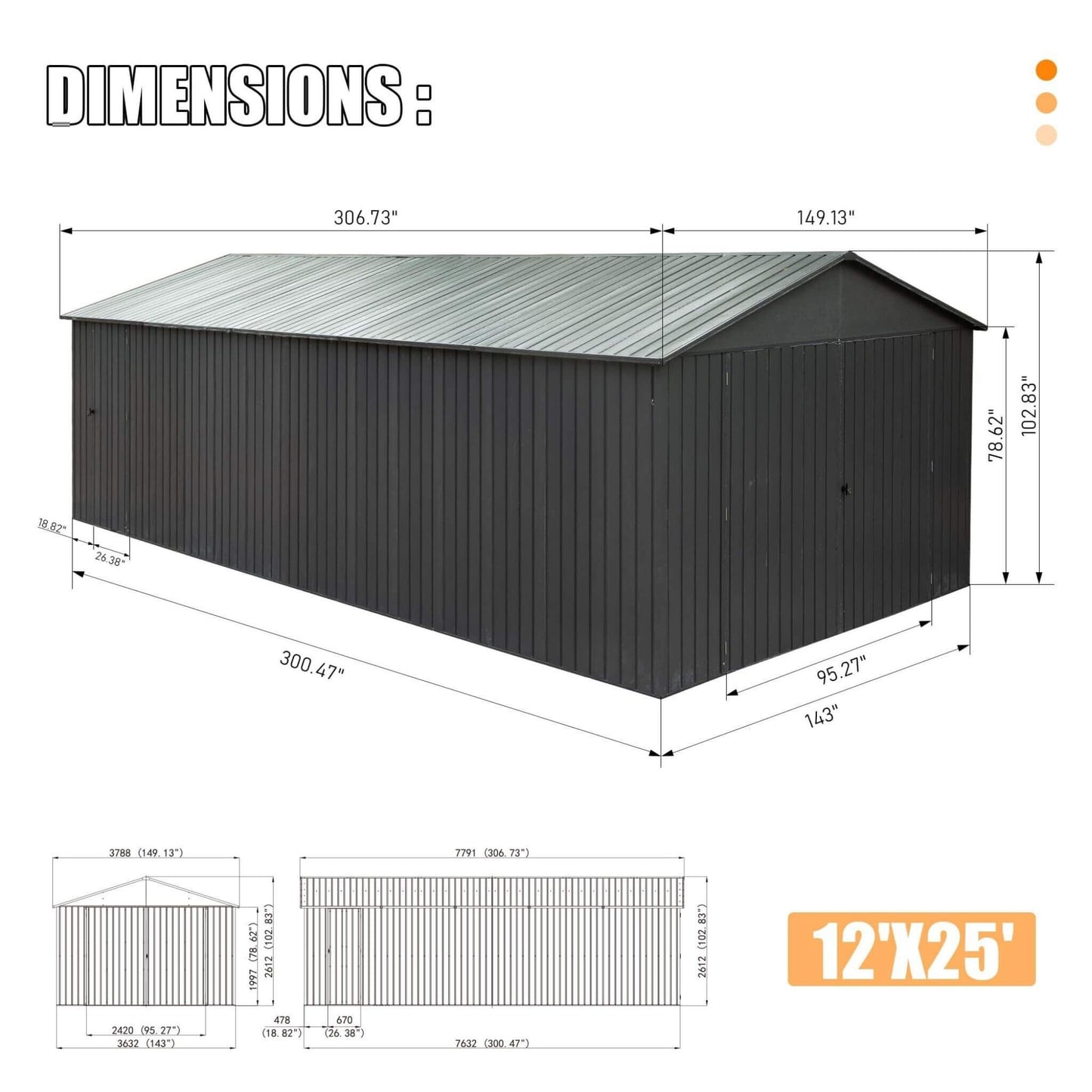 12' x 25' FT Alora Extra Large Heavy-Duty Outdoor Metal Carport Garage Shed With Lockable Double Hinged Doors