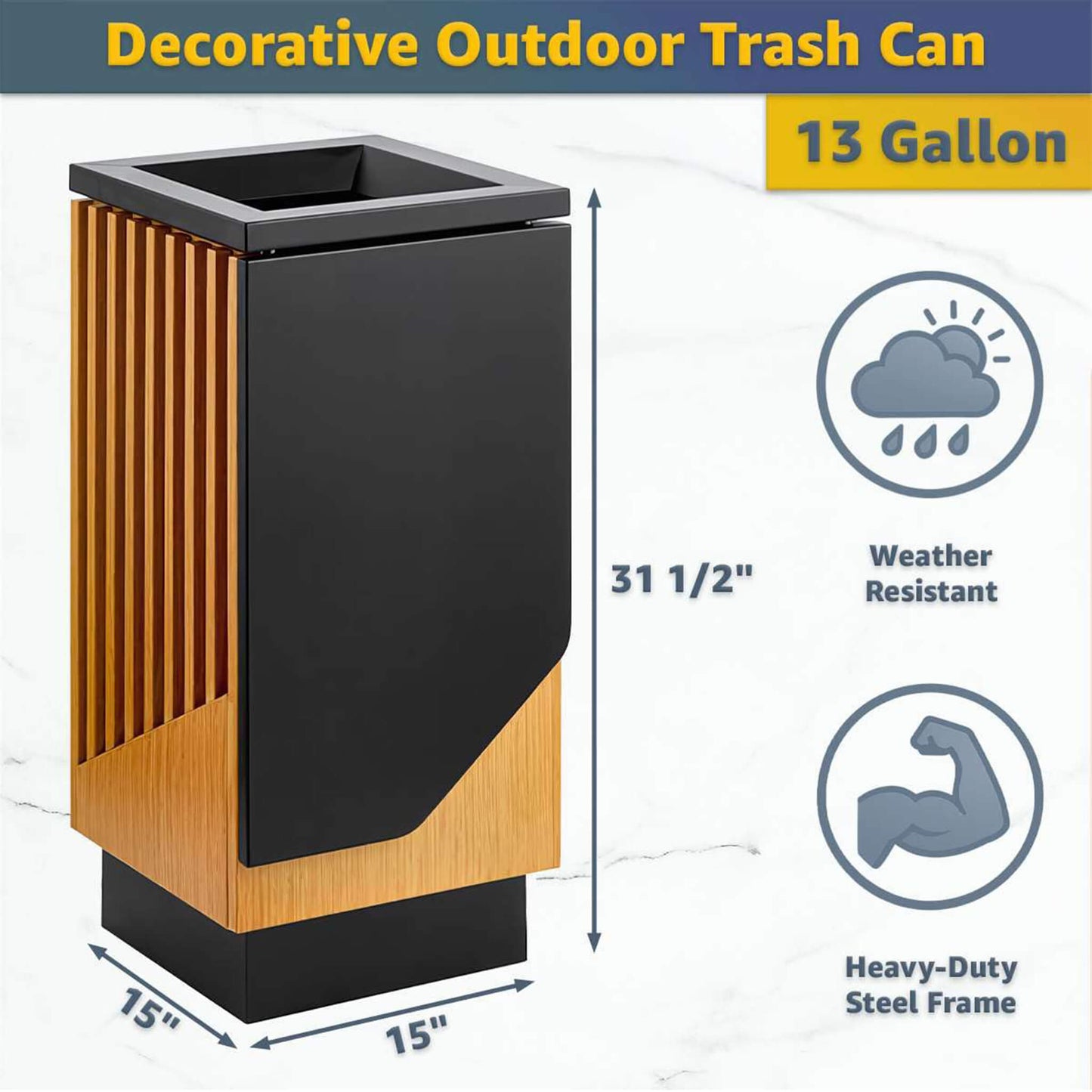 13-Gallon Heavy-Duty Commercial Outdoor Square Decorative Trash Can
