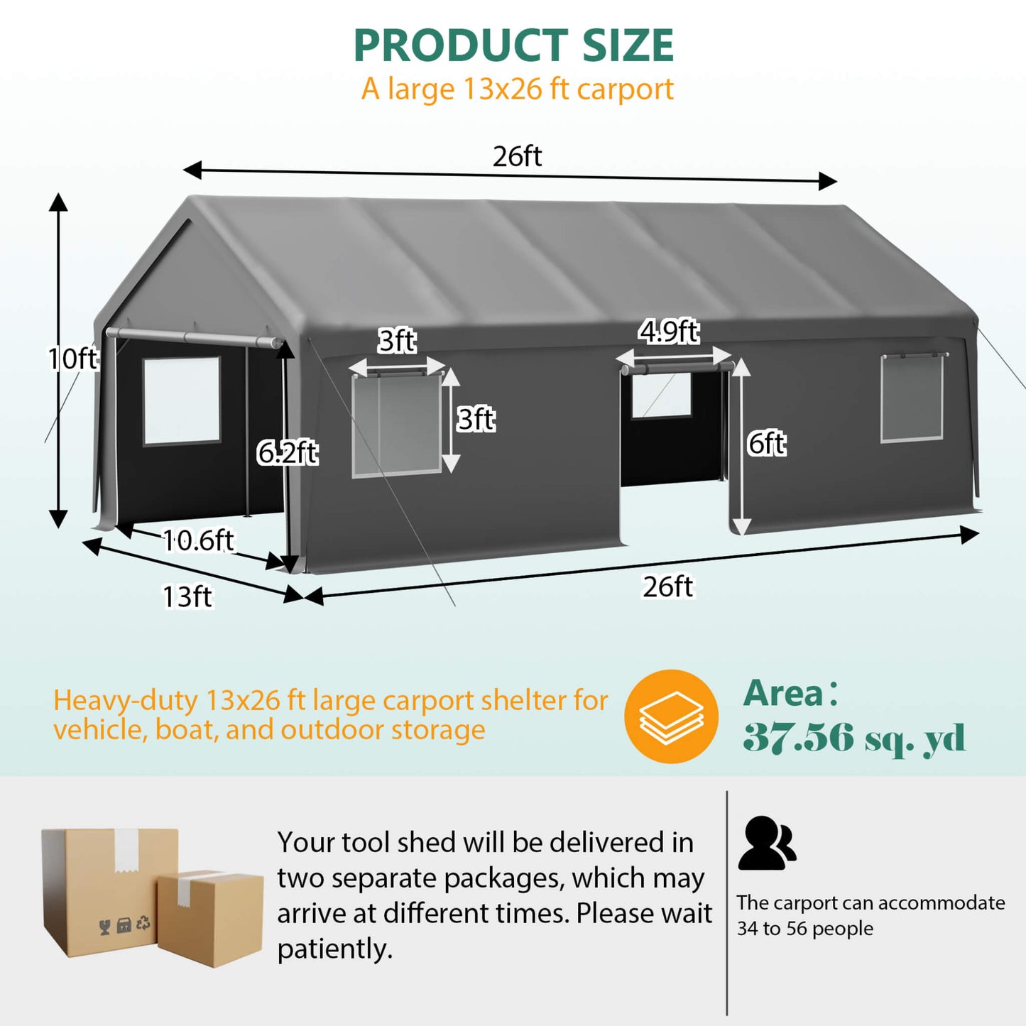 13' x 26' FT Alora Heavy-Duty Carport Canopy with Roll-Up Doors And Windows