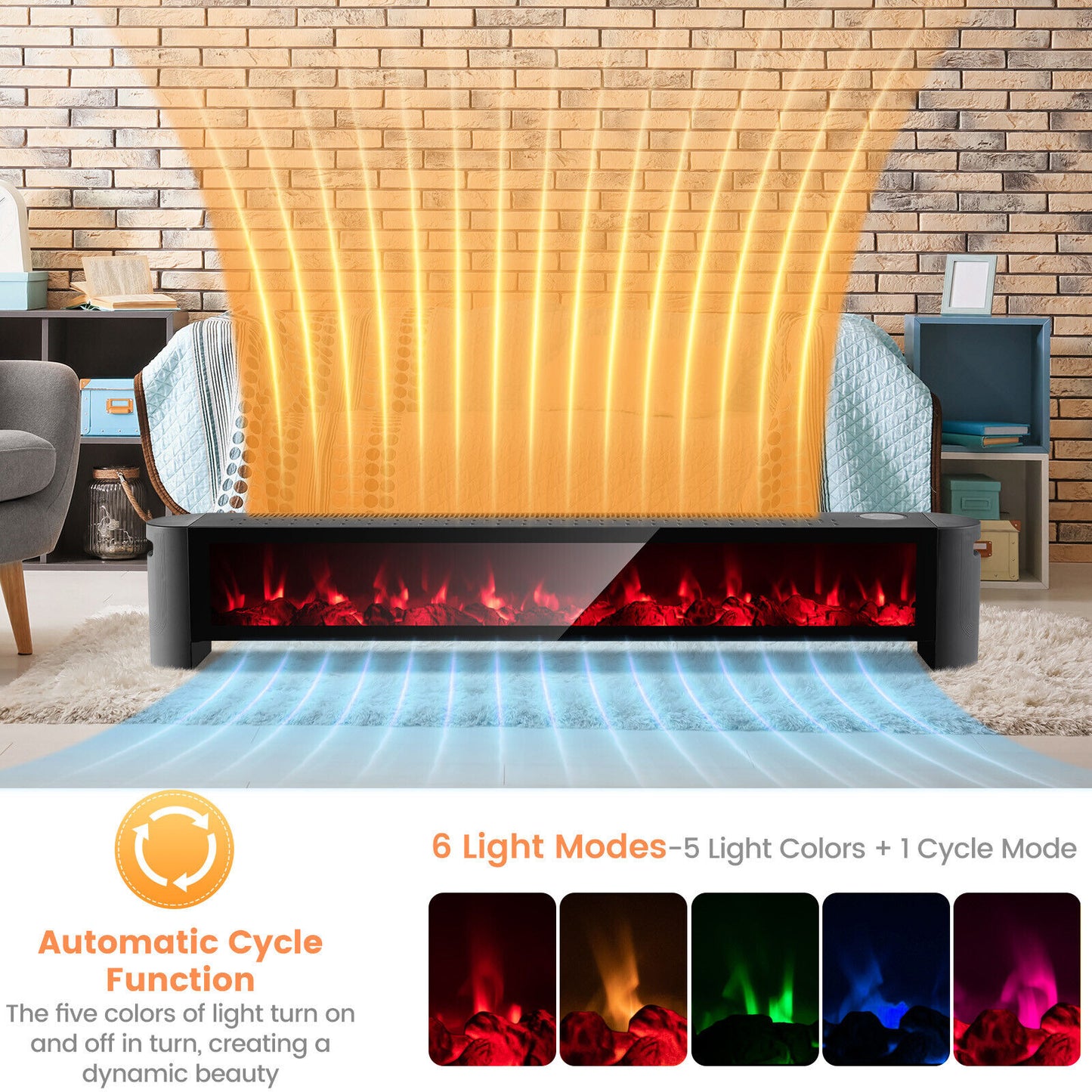 1400W Electric Baseboard Heater with Realistic Multicolor Flame-Black