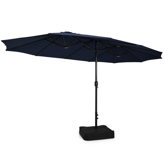 15 Feet Double-Sided Twin Patio Umbrella with Crank and Base - Navy