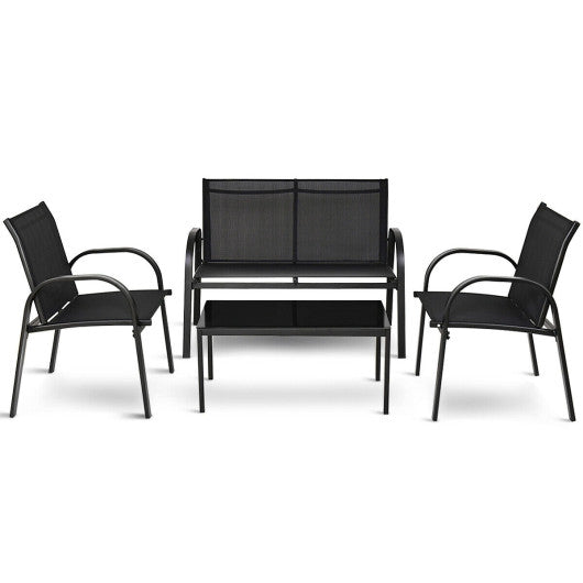 4 Pieces Patio Furniture Set with Glass Top Coffee Table - Black