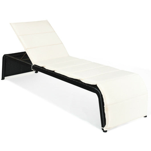Patio Rattan Lounge Chair Back Adjustable Chaise Recliner with Cushioned - White