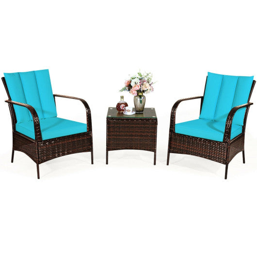 3 Pcs Patio Conversation Rattan Furniture Set with Glass Top Coffee Table and Cushions - Turquoise