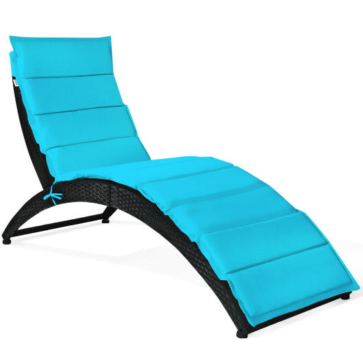 Folding Patio Rattan Portable Lounge Chair Chaise with Cushion - Turquoise
