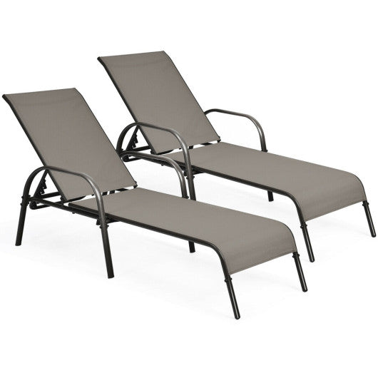 2 Pcs Outdoor Patio Lounge Chair Chaise Fabric with Adjustable Reclining Armrest - Brown