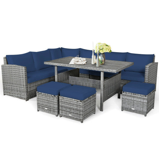 7 Pieces Patio Rattan Dining Furniture Sectional Sofa Set with Wicker Ottoman - Navy