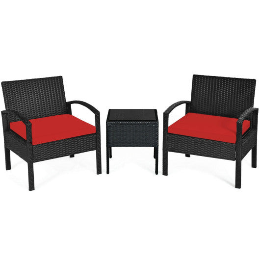 3 Pieces Outdoor Rattan Patio Conversation Set with Seat Cushions - Red