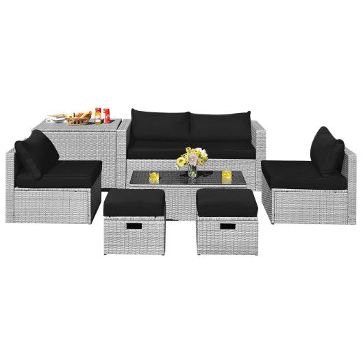 8 Pieces Patio Rattan Furniture Set with Storage Waterproof Cover and Cushion - Black