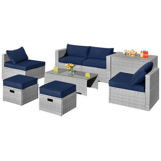8 Pieces Patio Rattan Furniture Set with Storage Waterproof Cover and Cushion - Navy