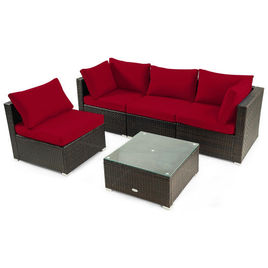 5 Pieces Cushioned Patio Rattan Furniture Set with Glass Table - Red