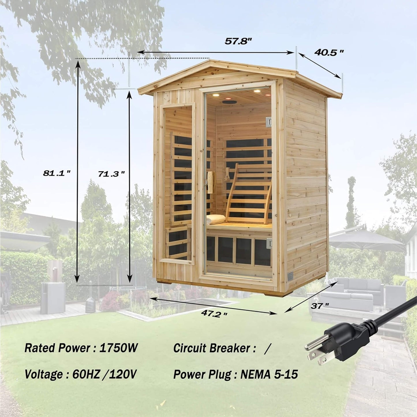 Thermora Luxury 2-Person Outdoor Low EMF Hemlock Infrared Sauna With Bluetooth And Chromotherapy Light