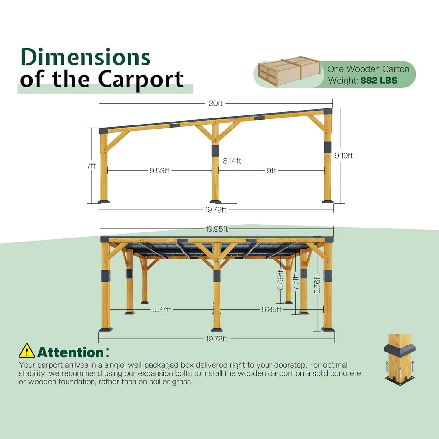 20' x 20' FT Alora Heavy-Duty All-Weather Outdoor Cedar Wood Carport With Galvanized Steel Roof
