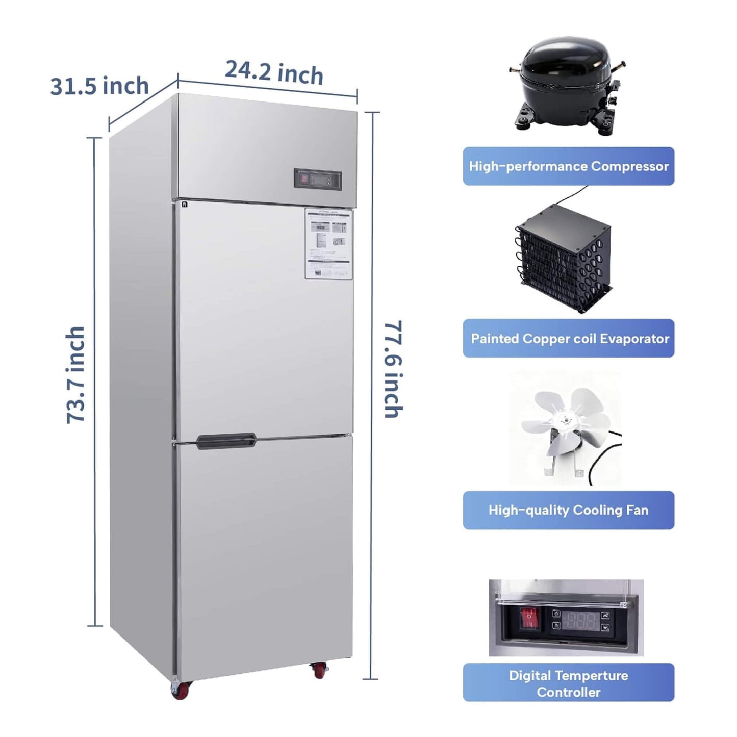 24-Inch Commercial 15 Cu.Ft Stainless Steel Reach-In Refrigerator with Two Split Doors