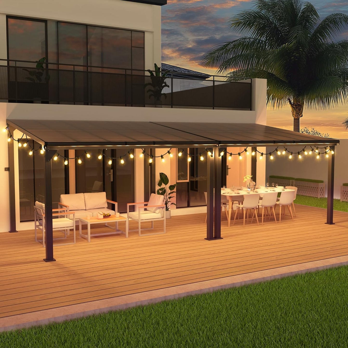 Pamapic Hardtop Lean to Gazebo with Polycarbonate Roof for Patio, Deck