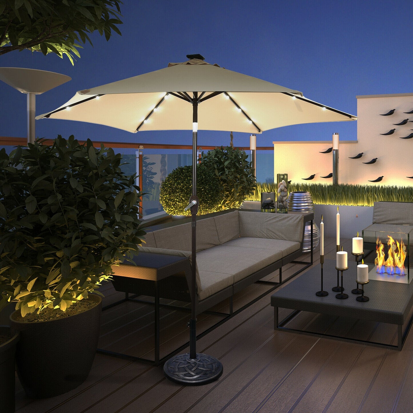 9 Feet Solar LED Lighted Patio Market Umbrella Tilt Adjustment Crank Lift-Beige