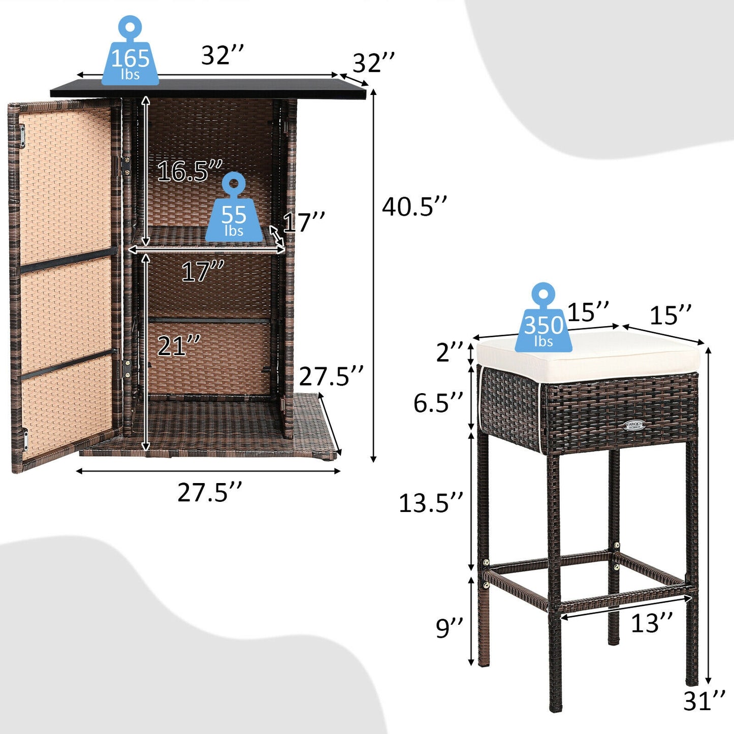 5 Pieces Patio Rattan Bar Table Stool Set Hidden Storage Shelf Cushioned