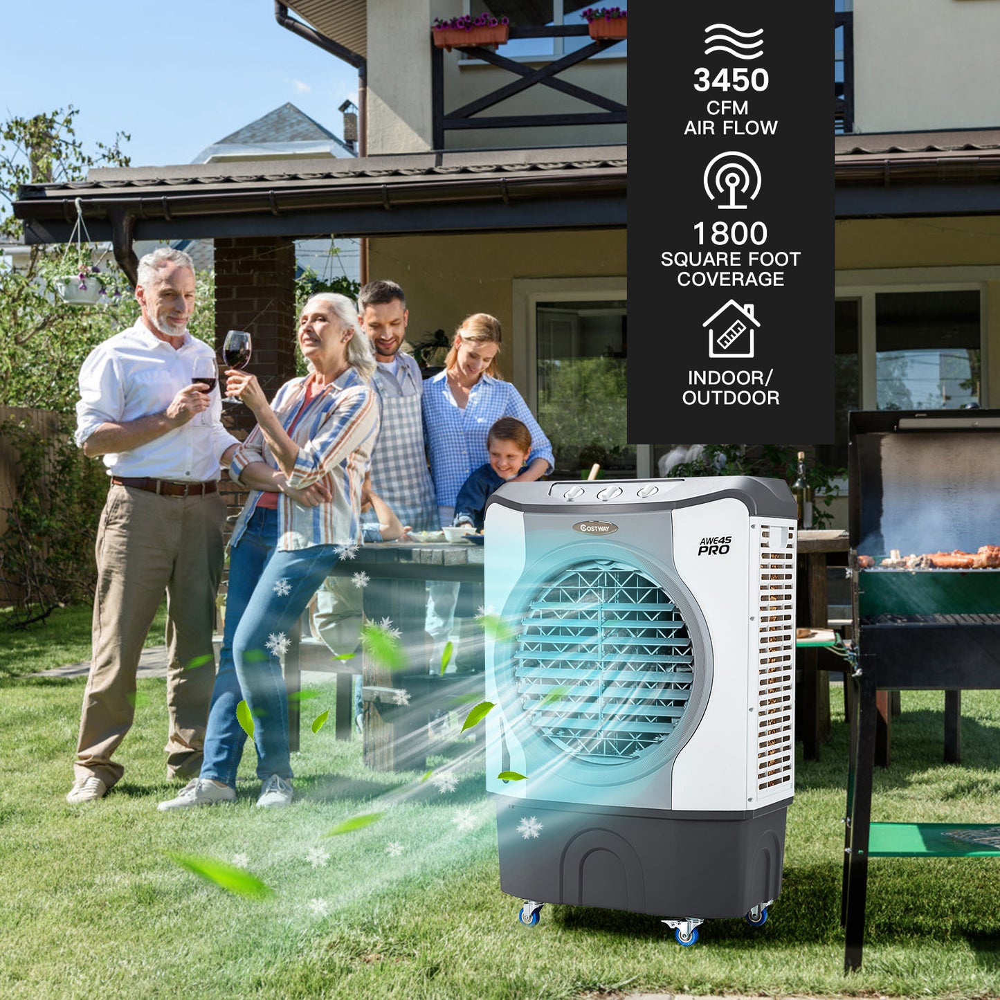 4-in-1 Industrial Evaporative Air Cooler Fan with 12 Gallon Tank and Wheels